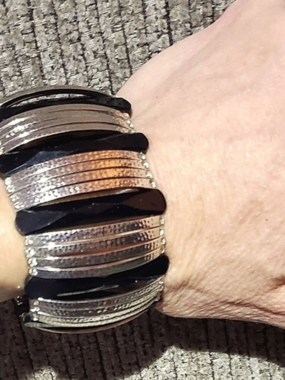 Metallic Pull On Cuff Style Bracelet Silver Black